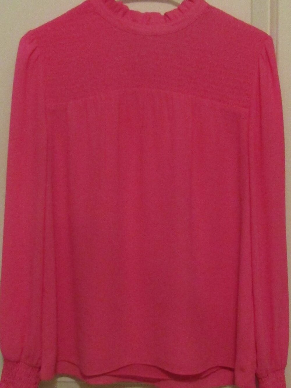LILLY PULITZER SMOCKED TOP BLOUSE Hot Pink Size S Long Sleeves High Neck Ruffled